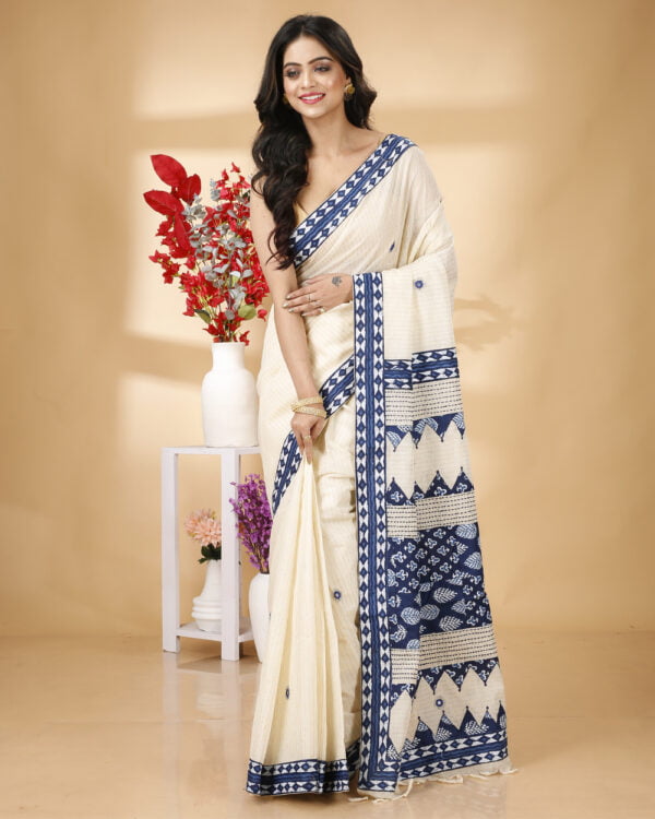 Nakshipar Zari Stripe Cotton saree with Applique and Embroidery