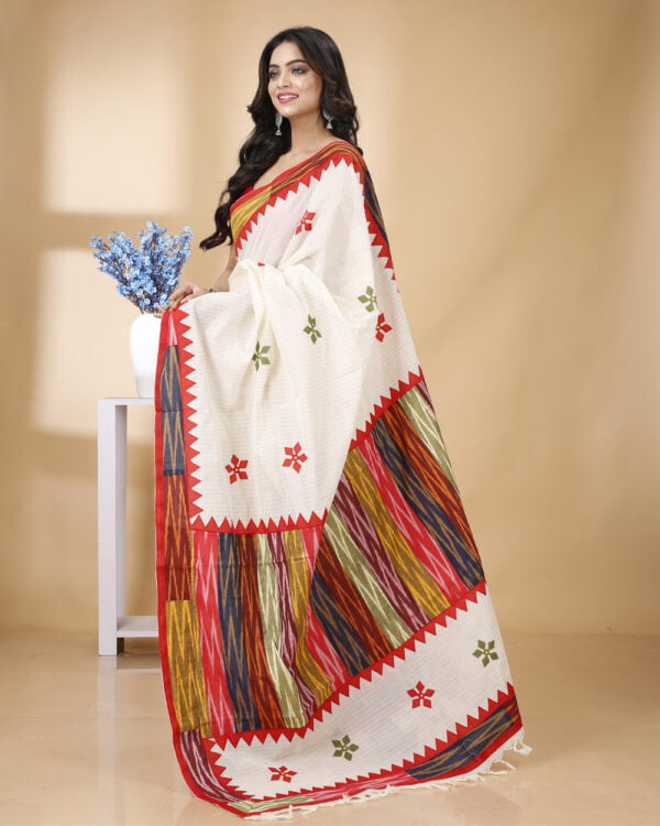 Nakshipar Zari Stripe Cotton saree with Ikkat border and Applique