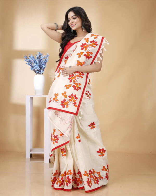 Nakshipar Zari Stripe Cotton saree with pagely Applique