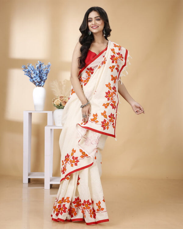 Nakshipar Zari Stripe Cotton saree with pagely Applique