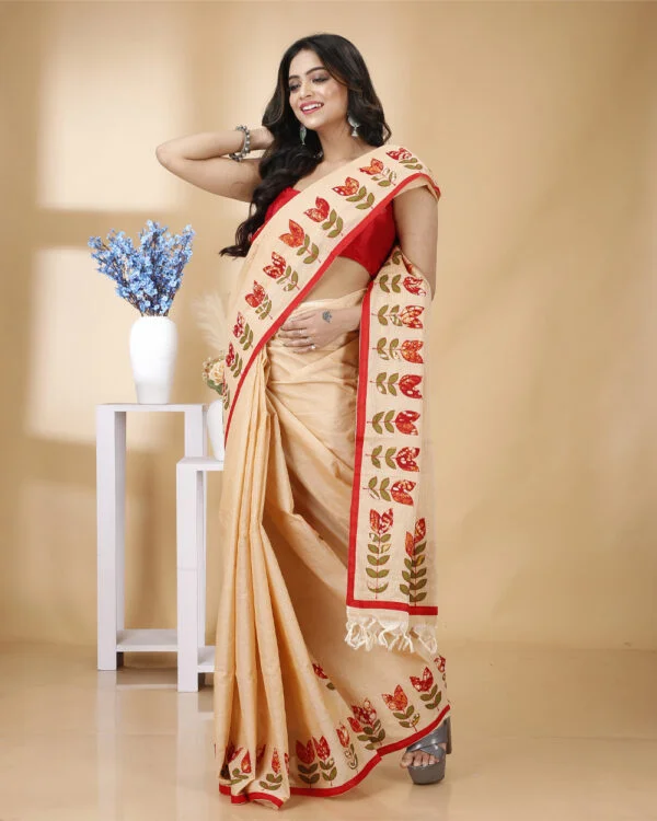 Nakshipar Zari Check Cotton saree with Batik Applique