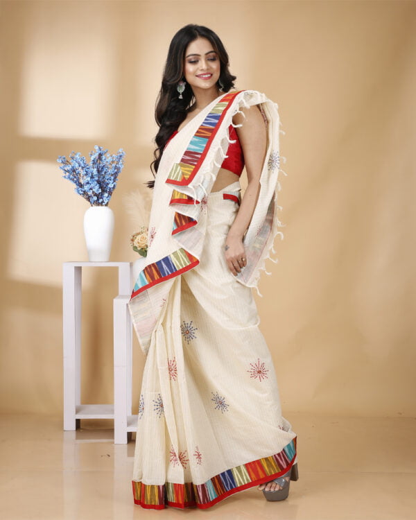 Nakshipar Zari Stripe Cotton saree with Ikkat Border and Embroidery