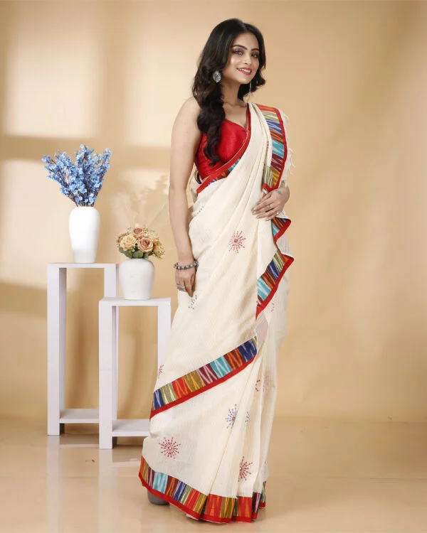 Nakshipar Zari Stripe Cotton saree with Ikkat Border and Embroidery