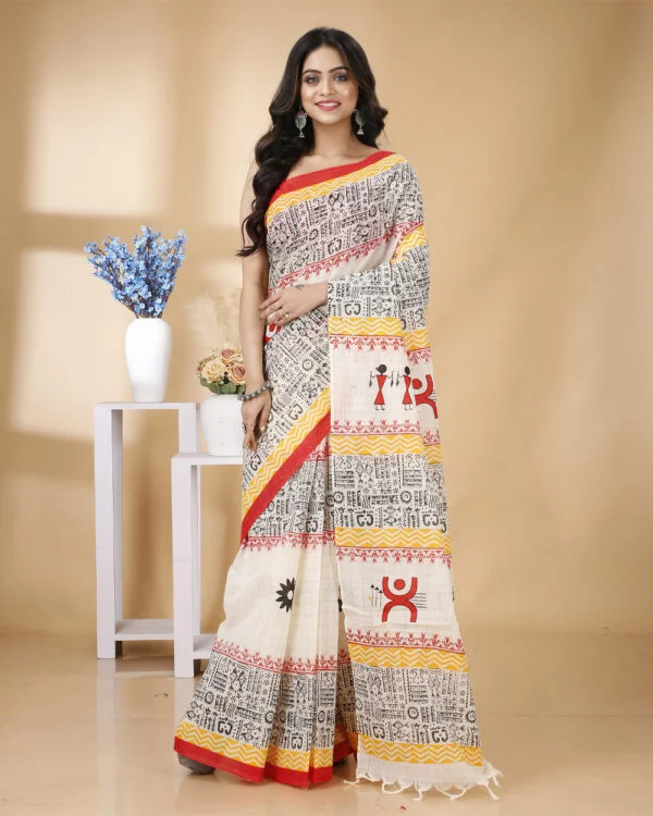 Zari Check Printed Cotton Saree with Worli Applique