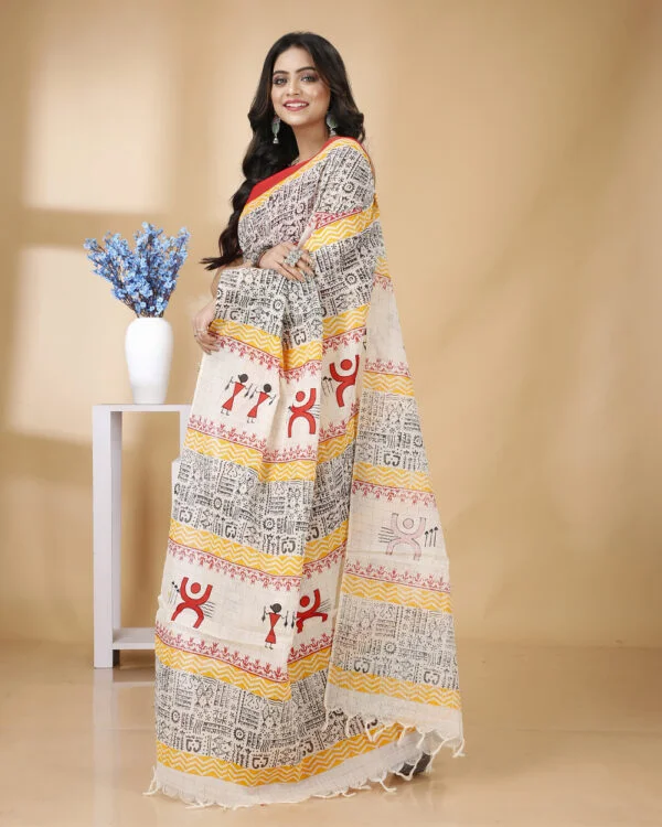 Zari Check Printed Cotton Saree with Worli Applique