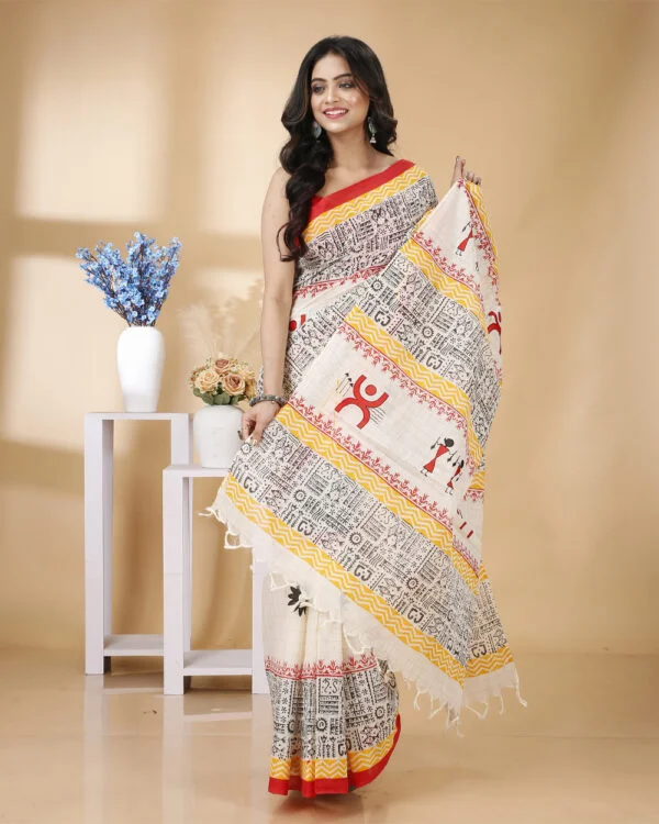 Nakshipar Zari Check printed Cotton saree with worli Applique