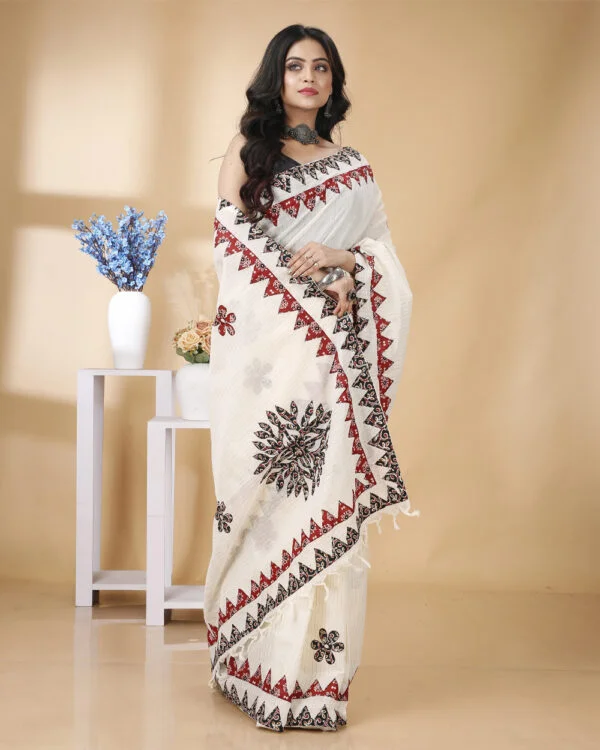 Zari Stripe Cotton saree with Border and floral Applique