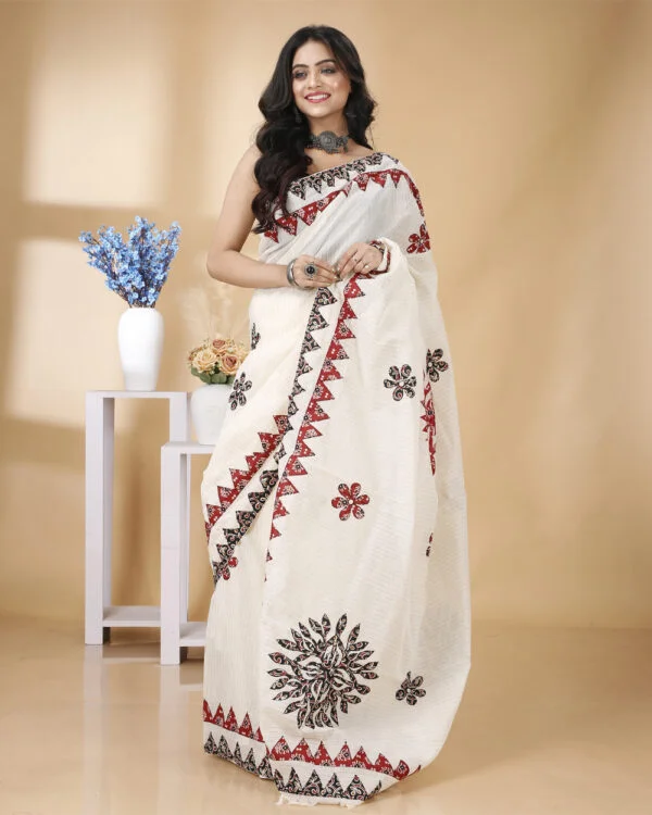 Nakshipar Zari Stripe Cotton saree with Border and floral Applique