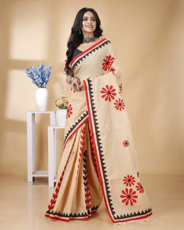 zari-check-cotton-saree-with-floral-applique