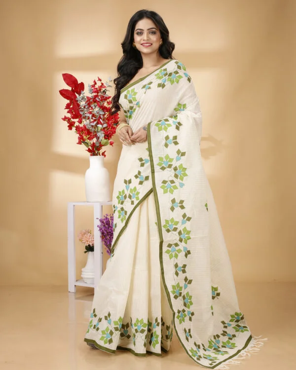 Nakshipar Zari Stripe Cotton saree with Pagely Applique