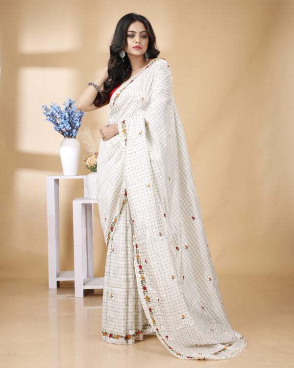 Nakshipar's Off White Check Bishnupur Silk Embroidery Saree