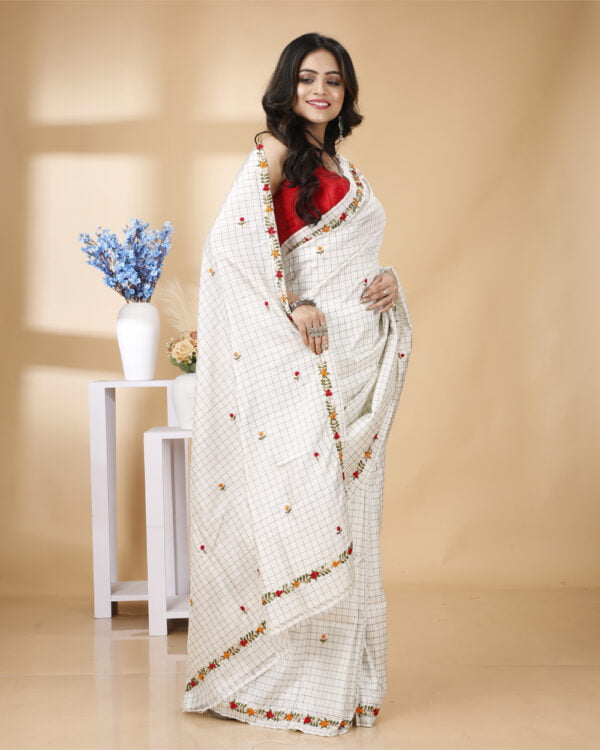 Nakshipar's Off White Check Bishnupur Silk Embroidery Saree