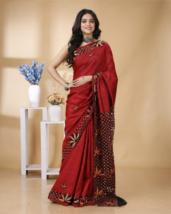 Nakshipar Maroon Base Cut Work and Hand Embroidery Saree