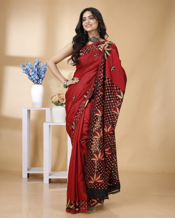 Nakshipar Maroon Base Cut Work and Hand Embroidery Saree