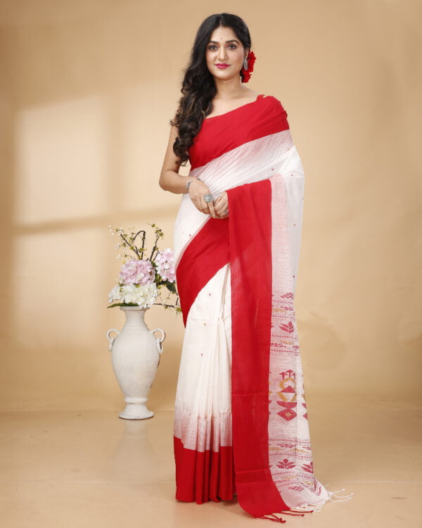 Nakshipar Red Border White Base Cotton Handloom Saree