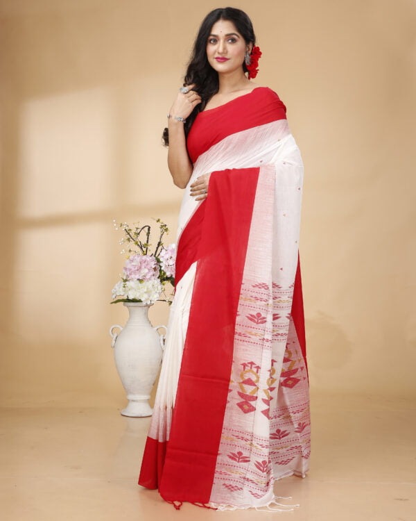 Nakshipar Red Border White Base Cotton Handloom Saree