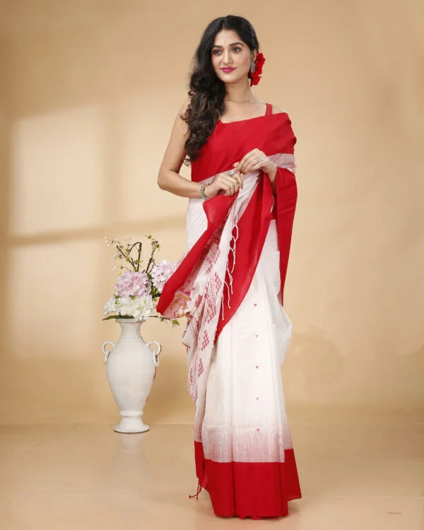 Nakshipar Red Border White Base Cotton Handloom Saree