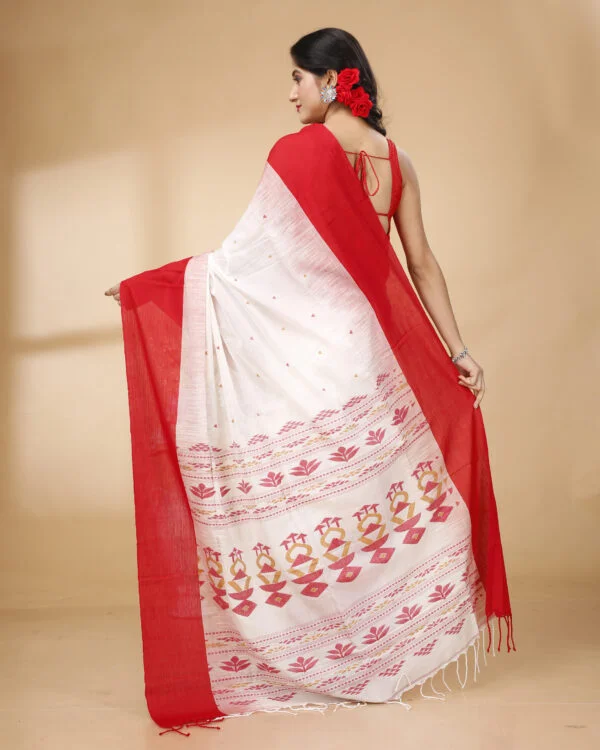 Nakshipar Red Border White Base Cotton Handloom Saree