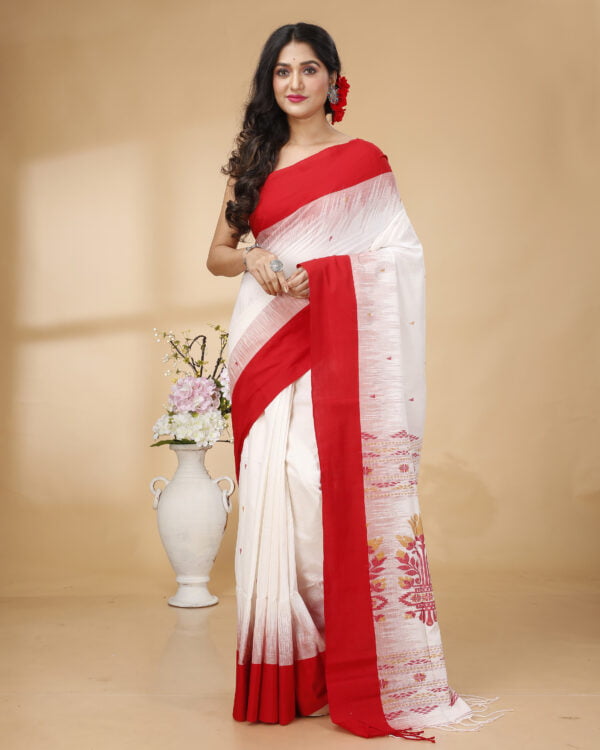 Nakshipar's Red Border white base Cotton handloom saree