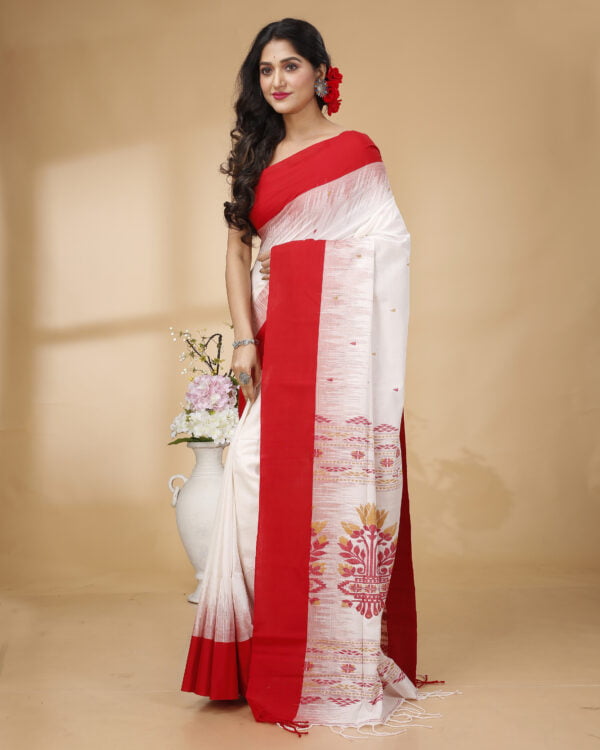 Nakshipar's Red Border white base Cotton handloom saree