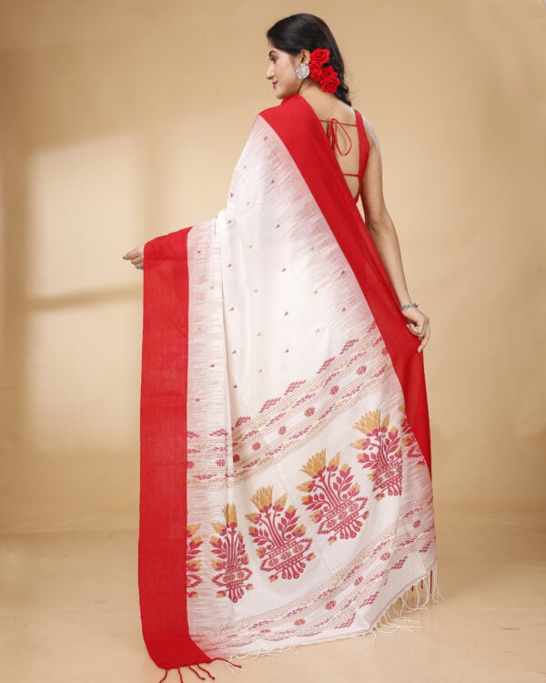 Nakshipar's Red Border white base Cotton handloom saree