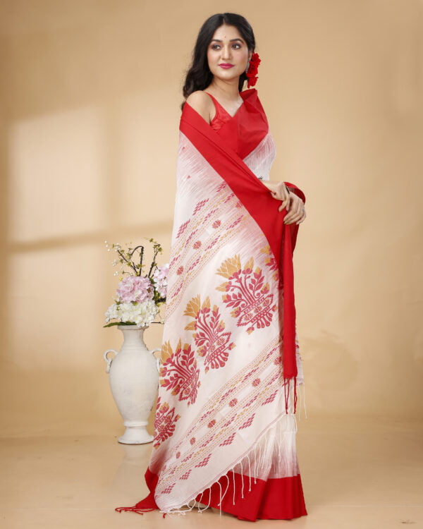 Nakshipar's Red Border white base Cotton handloom saree