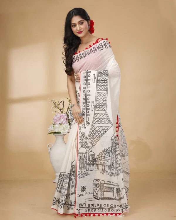 Nakshipar Black Handpaint on White Base Saree