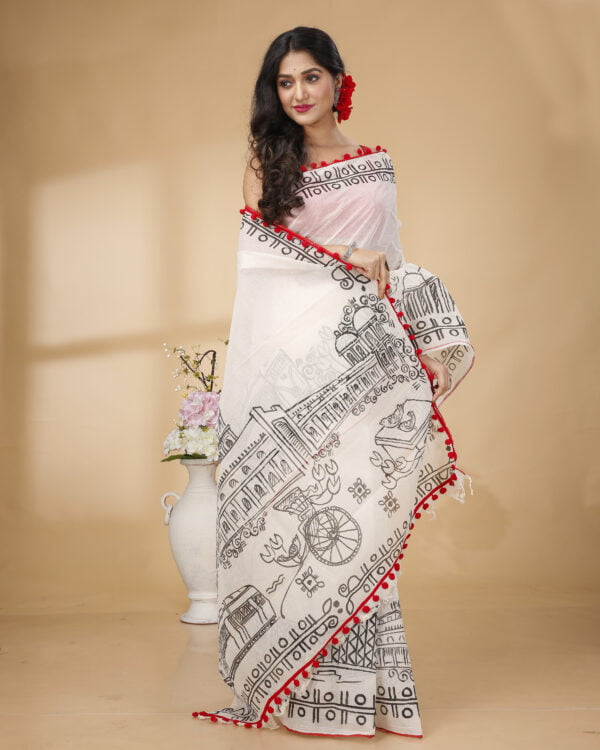 Nakshipar Black Handpaint on White Base Saree