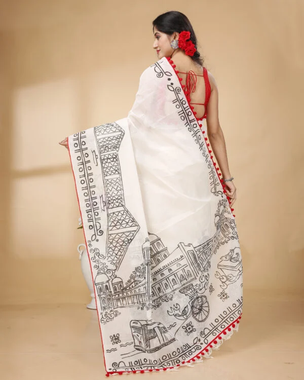 Nakshipar Black Handpaint on White Base Saree