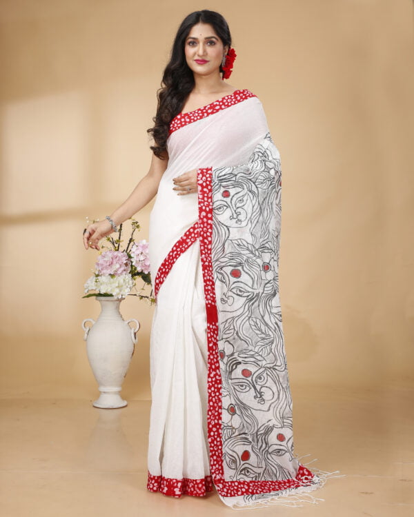 Nakshipar's White Cotton Saree with Black and Red Handpaint and Red Printed Border