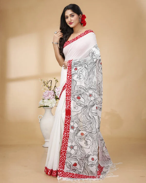 Nakshipar's White Cotton Saree with Black and Red Handpaint and Red Printed Border