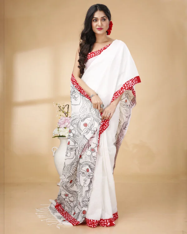 Nakshipar's White Cotton Saree with Black and Red Handpaint and Red Printed Border