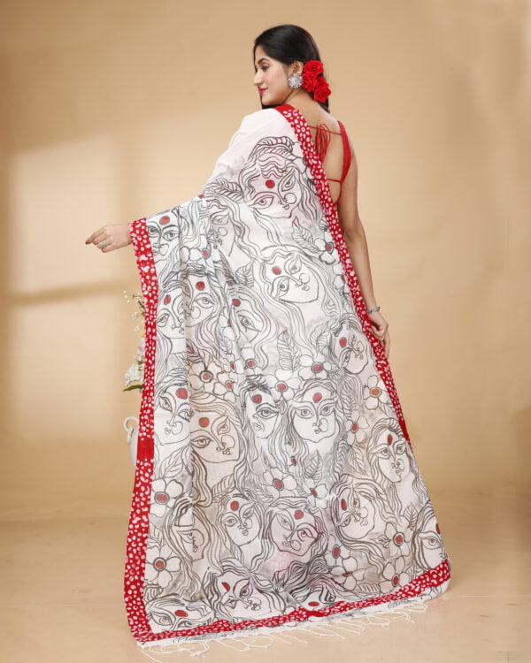 Nakshipar's White Cotton Saree with Black and Red Handpaint and Red Printed Border