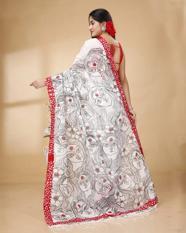 Nakshipar's White Cotton Saree with Black and Red Handpaint and Red Printed Border