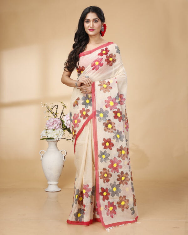 Nakshipar's Multicolour Handpainted Floral Design Cotton Saree