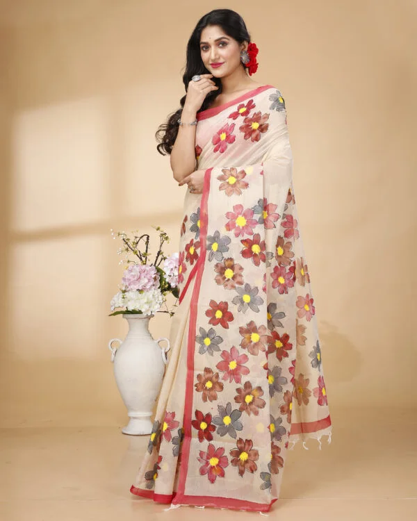 Nakshipar's Multicolour Handpainted Floral Design Cotton Saree