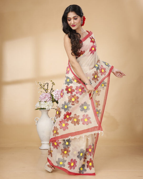 Nakshipar's Multicolour Handpainted Floral Design Cotton Saree