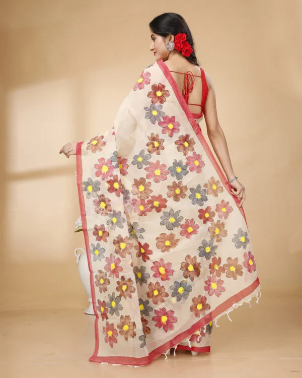 Nakshipar's Multicolour Handpainted Floral Design Cotton Saree