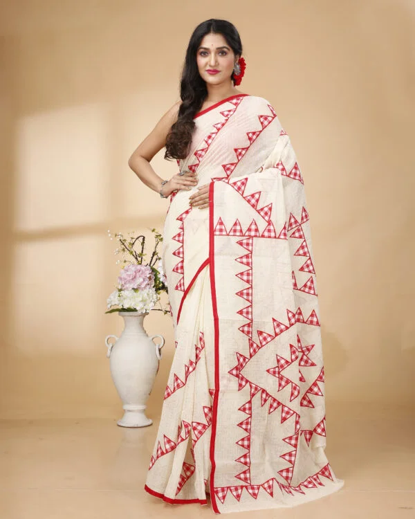 Nakshipar Red Checks Temple Applique on Zari Checks Cotton Saree