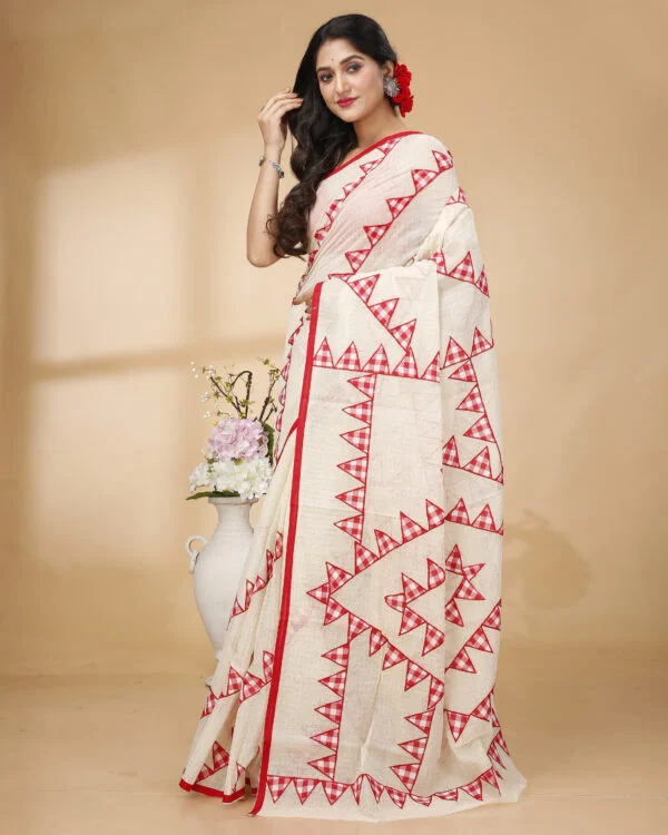 Nakshipar Red Checks Temple Applique on Zari Checks Cotton Saree