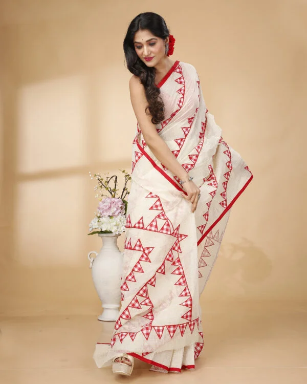 Nakshipar Red Checks Temple Applique on Zari Checks Cotton Saree