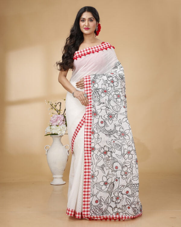 Nakshipar's White Cotton Saree with Black and Red Handpaint