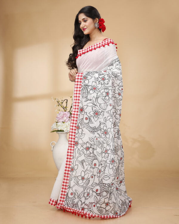 Nakshipar's White Cotton Saree with Black and Red Handpaint