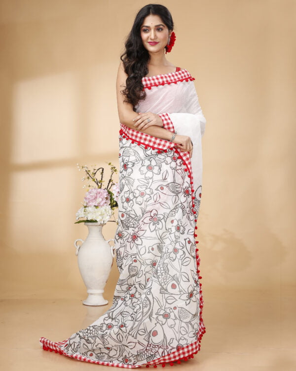 Nakshipar's White Cotton Saree with Black and Red Handpaint