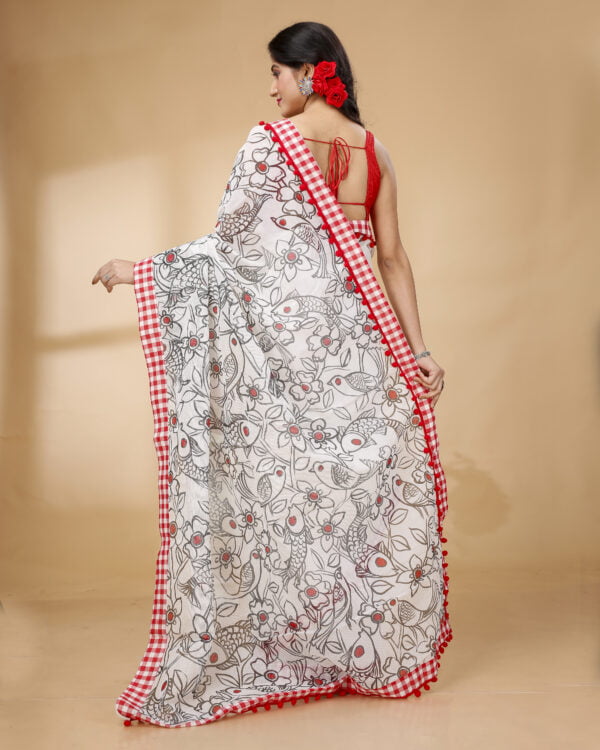 Nakshipar's White Cotton Saree with Black and Red Handpaint