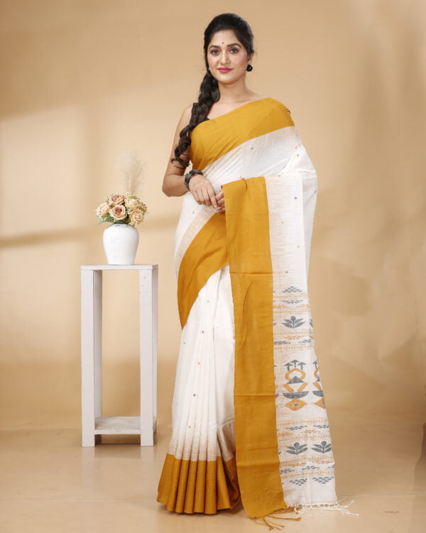 Nakshipar's Occur Yellow Border white base Cotton handloom saree