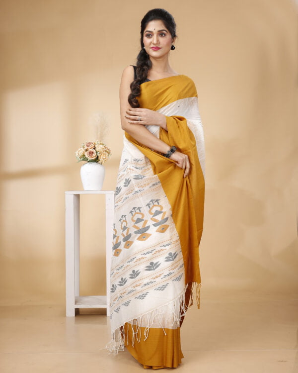 Nakshipar's Occur Yellow Border white base Cotton handloom saree