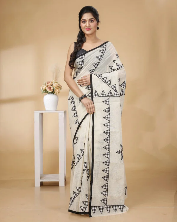 Nakshipar Black Checks Temple Applique on Zari Checks Cotton Saree