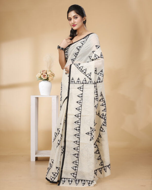 Nakshipar Black Checks Temple Applique on Zari Checks Cotton Saree