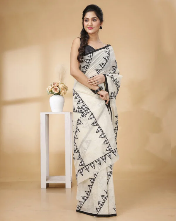 Nakshipar Black Checks Temple Applique on Zari Checks Cotton Saree